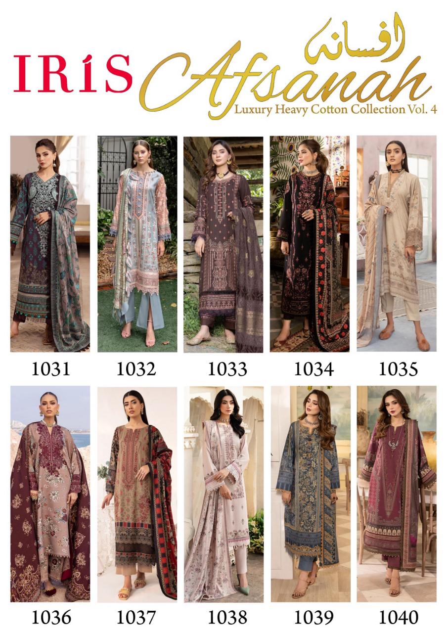 Afsanah Vol 4 By Iris Luxury Heavy Printed Cotton Dress Material Wholesale Shop In Surat
